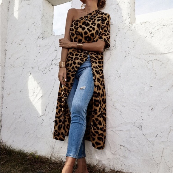 One Shoulder Leopard Print Asymmetrical High Low Tunic Top Blouse Shirt - Picture 7 of 7